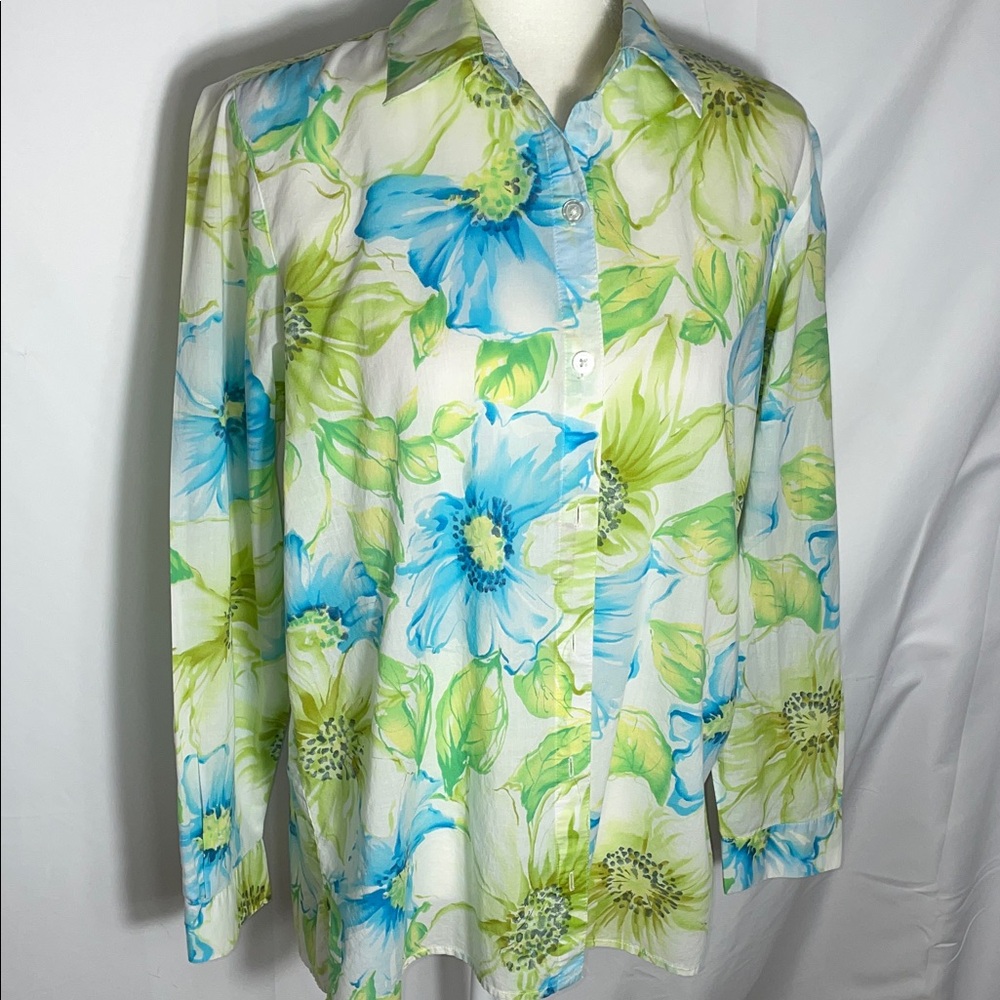 Floral Print Women's Blouse - Blue and Green
